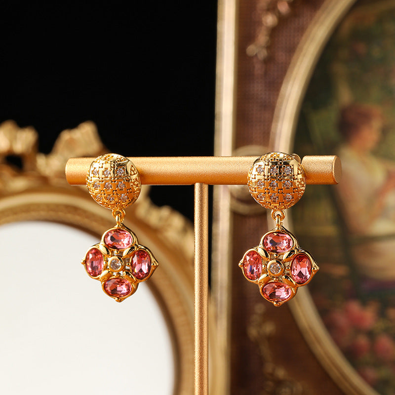 Vintage Pink Flower Design Golden Tone Drop Earrings