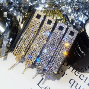 Chic Rhinestones Fringe Drop Earrings In Sterling Silver