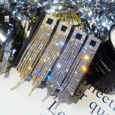 Chic Rhinestones Fringe Drop Earrings In Sterling Silver
