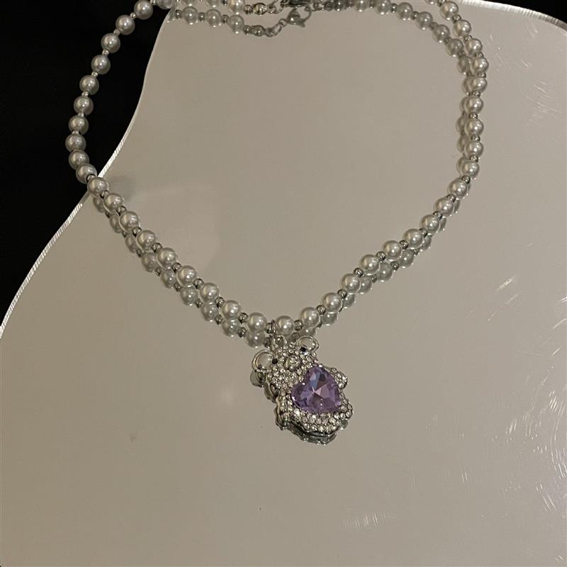 Chic Purple Heart Pearl Bear Pendant Necklace