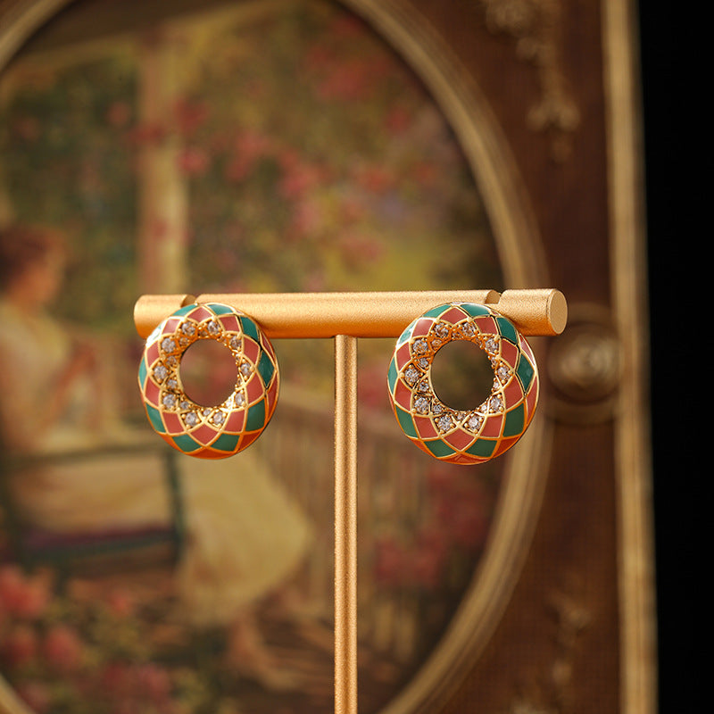 Simple Geometric Round Enamel Silver Earrings