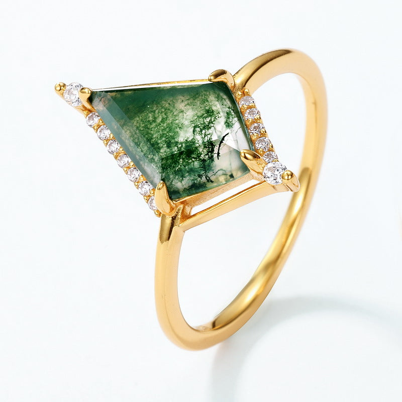Geometric Natural Green Moss Agate Ring Set