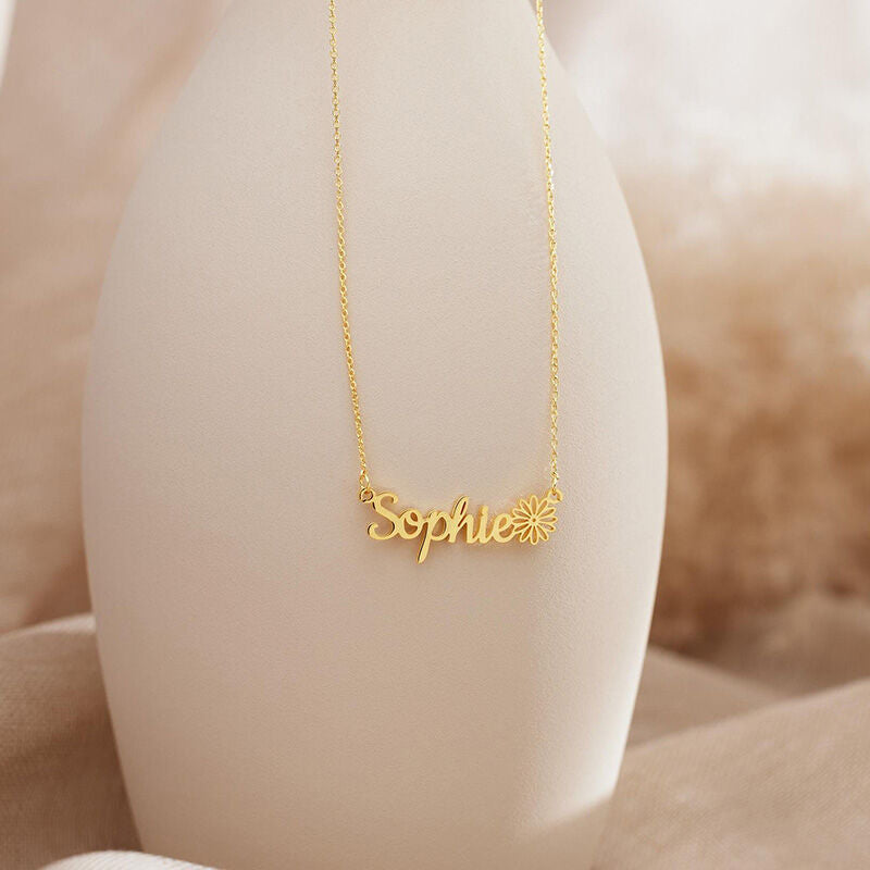 Personalize Name Necklace with Birth Flower in Stainless Steel