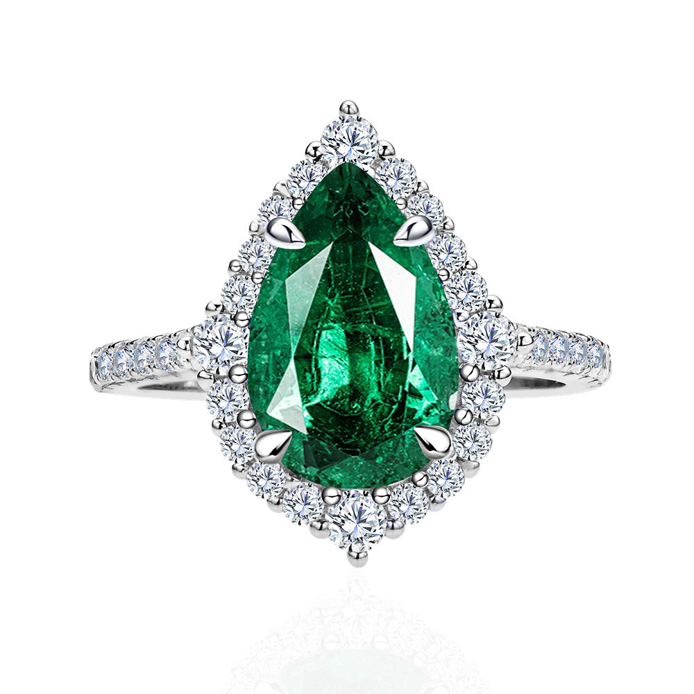 Unique 2.2ct Emerald Green Pear Cut  Sterling Silver Engagement Ring