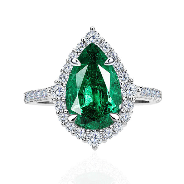 Unique 2.2ct Emerald Green Pear Cut  Sterling Silver Engagement Ring