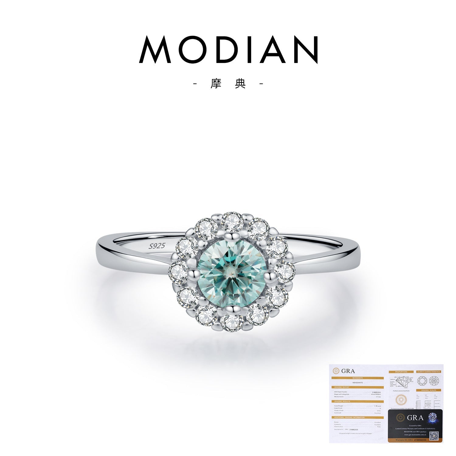 Halo 0.5CT Green Moissanite Silver Ring