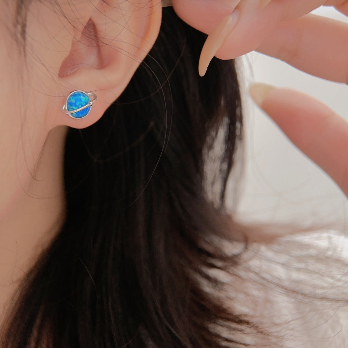 Retro Blue Earth Design Opal Stud Earrings