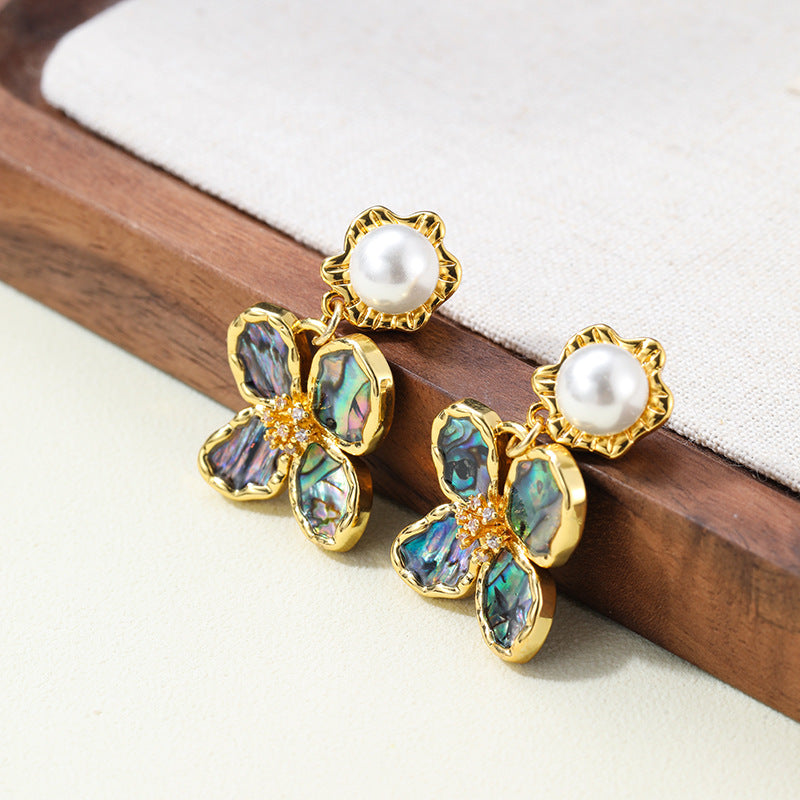 Retro Abalone Flower Pearl Tassel Earrings