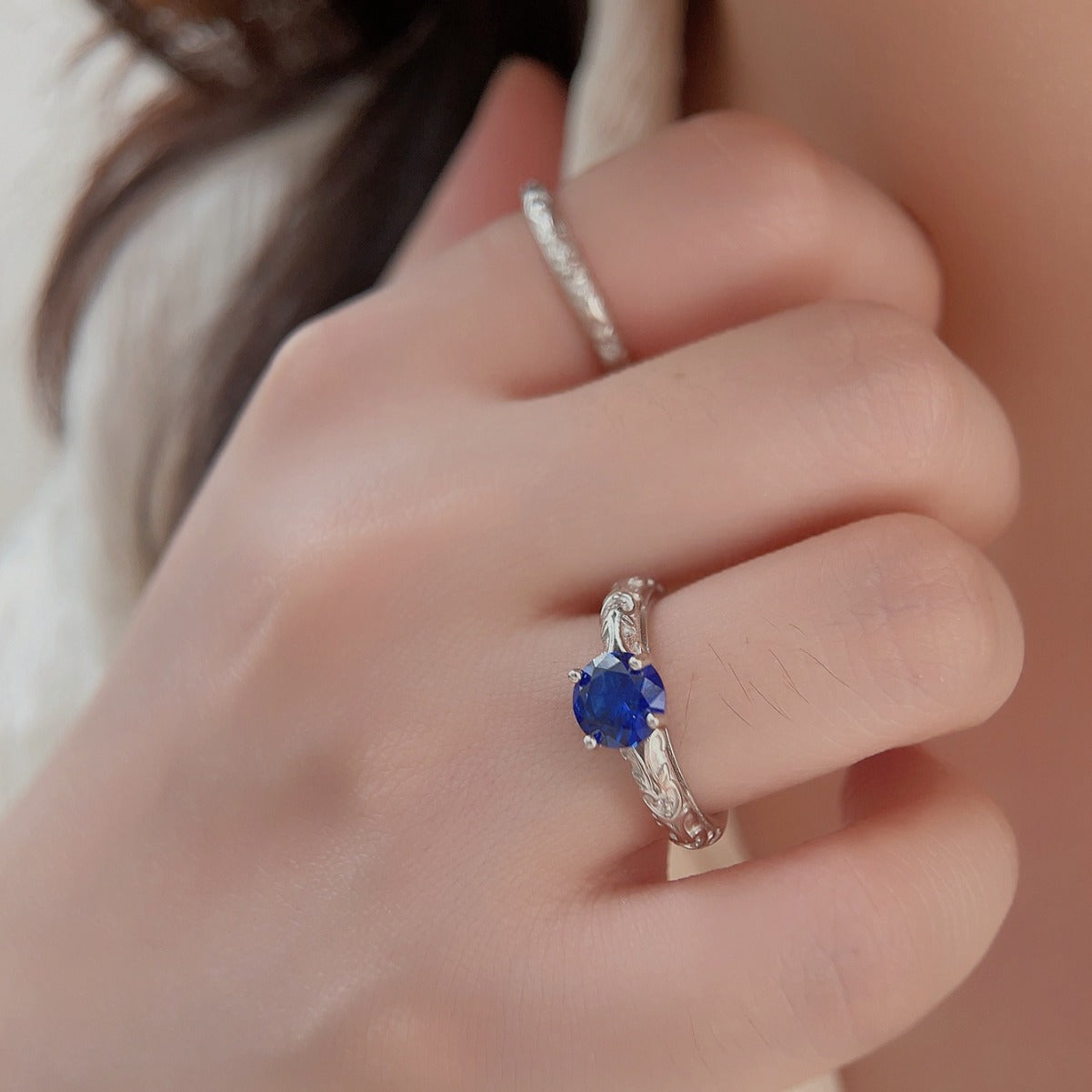 Vintage 2 Pcs Blue Round Cut Ring Set