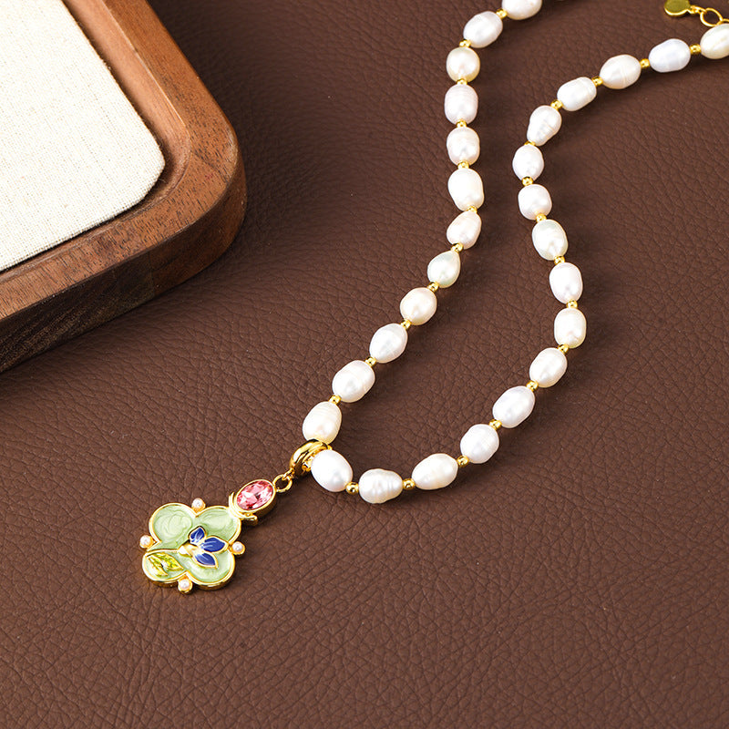 Enamel Flower Oil Painting Pearl Drop Earrings And Necklace