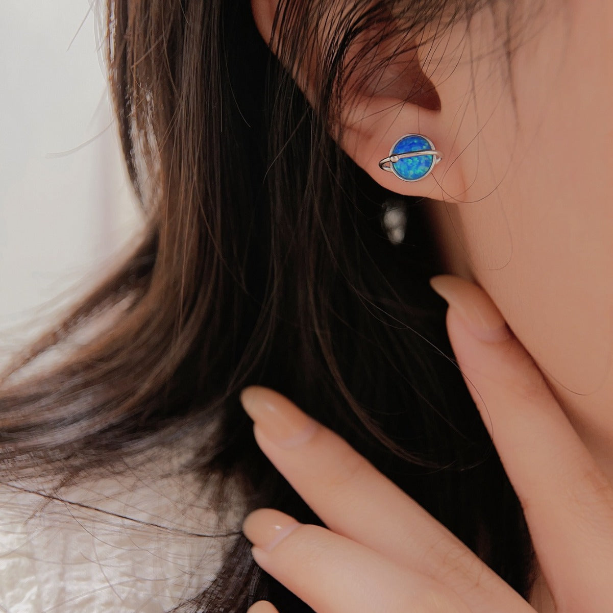 Retro Blue Earth Design Opal Stud Earrings