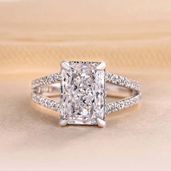 Exquisite Split Shank Radiant Cut Engagement Ring In Sterling Silver