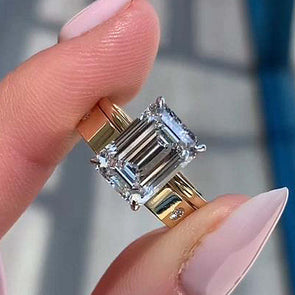 Timeless Golden Tone Emerald Cut Bridal Set In Sterling Silver