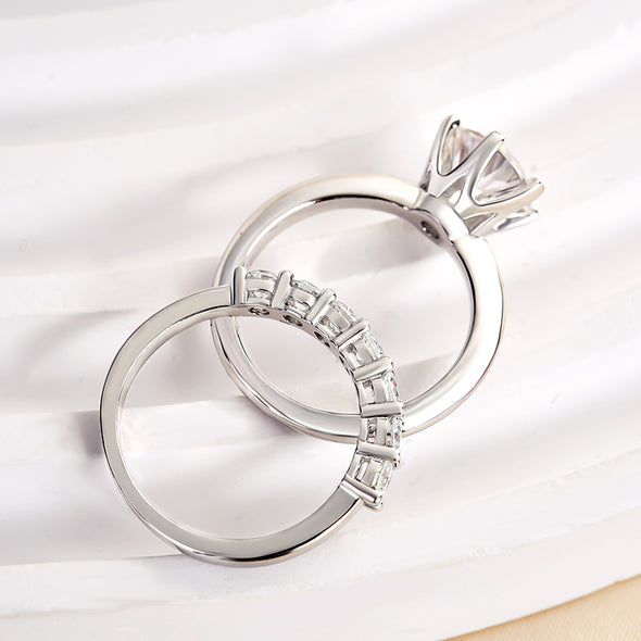 Classic Round Cut 6 Prong Bridal Set In Sterling Silver