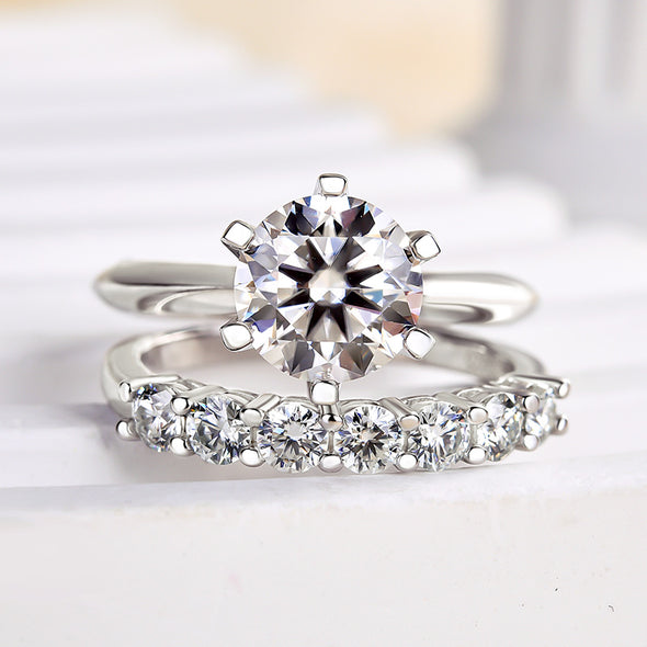 Classic Round Cut 6 Prong Bridal Set In Sterling Silver