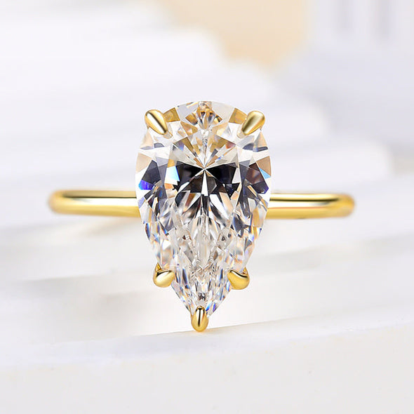 Classic Solitaire Pear Cut  Golden Tone Engagement Ring