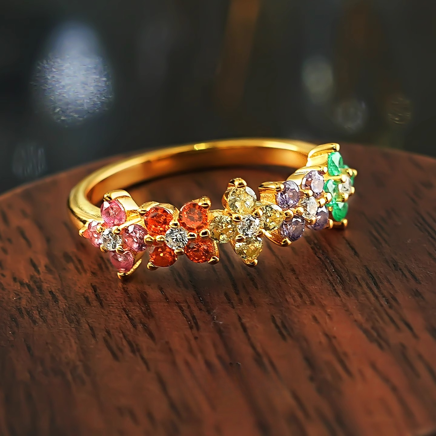 Colorful Golden Tone Flower Design Ring in Sterling Silver