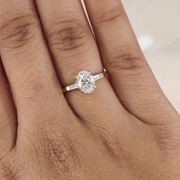 Three Stone Oval Cut with Side Tapered Baguette Cut  Engagement Ring