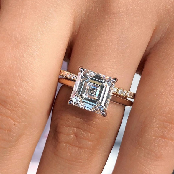 2PCS Golden Tone Hidden Halo Asscher Cut Bridal Set Rings