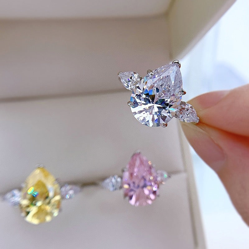 Classic Three Stone Yellow Pear Cut Sterling Silver Engagement Ring