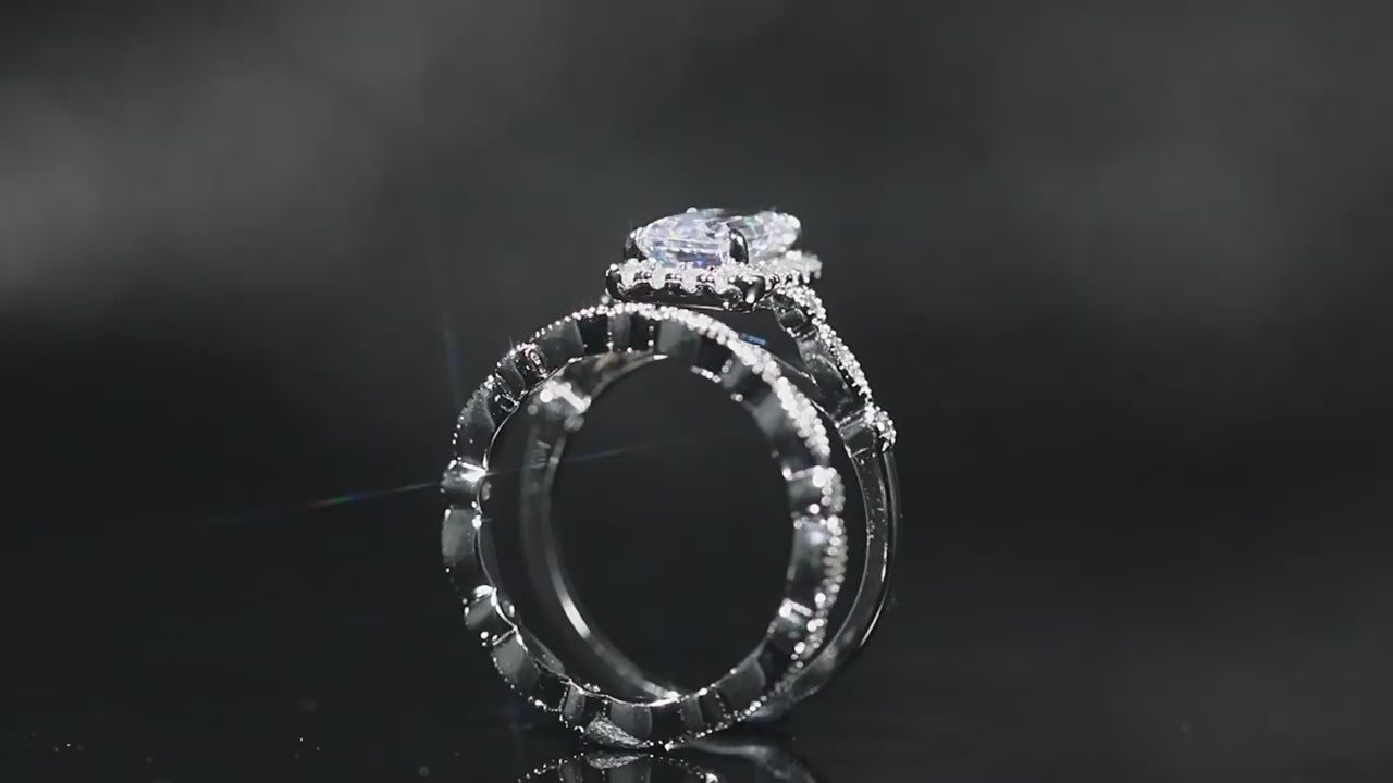 2.0 CT Emerald Cut Halo Sterling Silver Ring Set