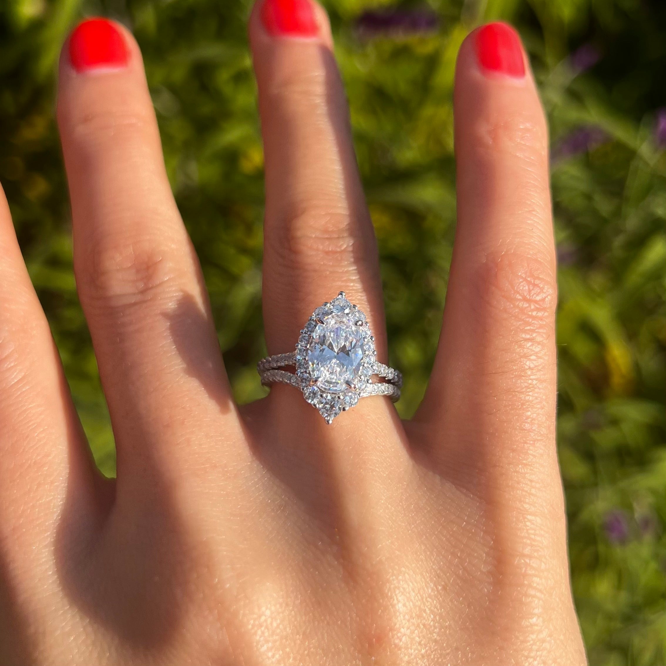 Vintage 2 Pcs Oval Halo Sterling Silver Bridal Set With V Shape Band