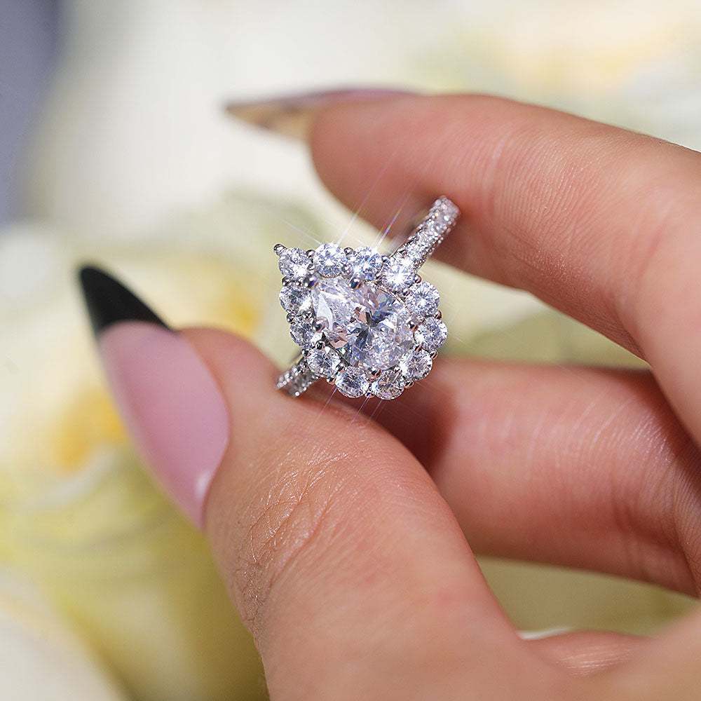 Stunning Pear Cut Halo Design Sterling Silver Engagement Ring