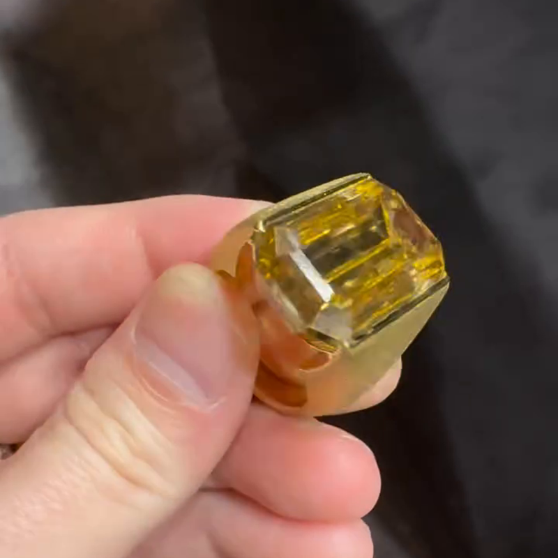 Handmade 25ct Emerald Cut Yellow Sapphire Yellow Gold Sand-Blasted Men's Ring