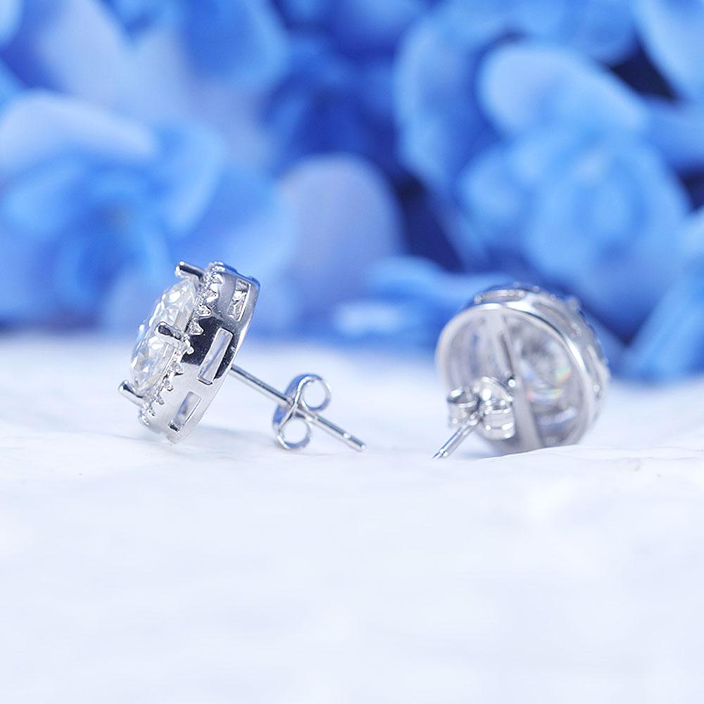 D Color Moissanite Round Cut Halo Design Sterling Silver Stud Earrings