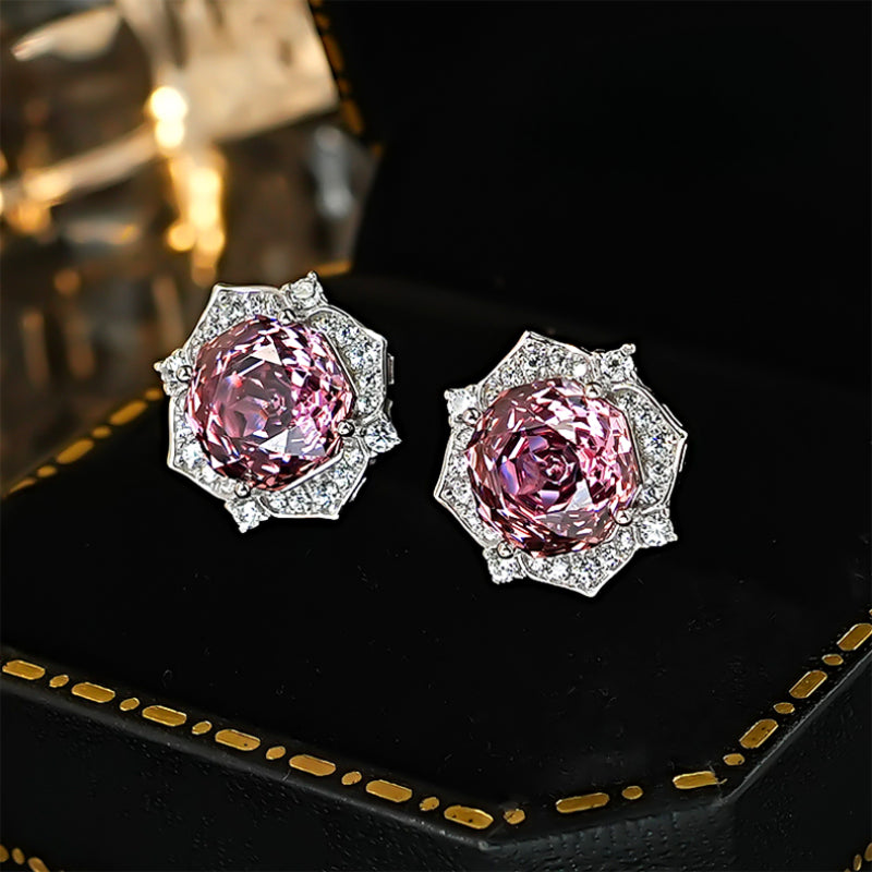 Pink Flower Design Sterling Silver Stud Earrings