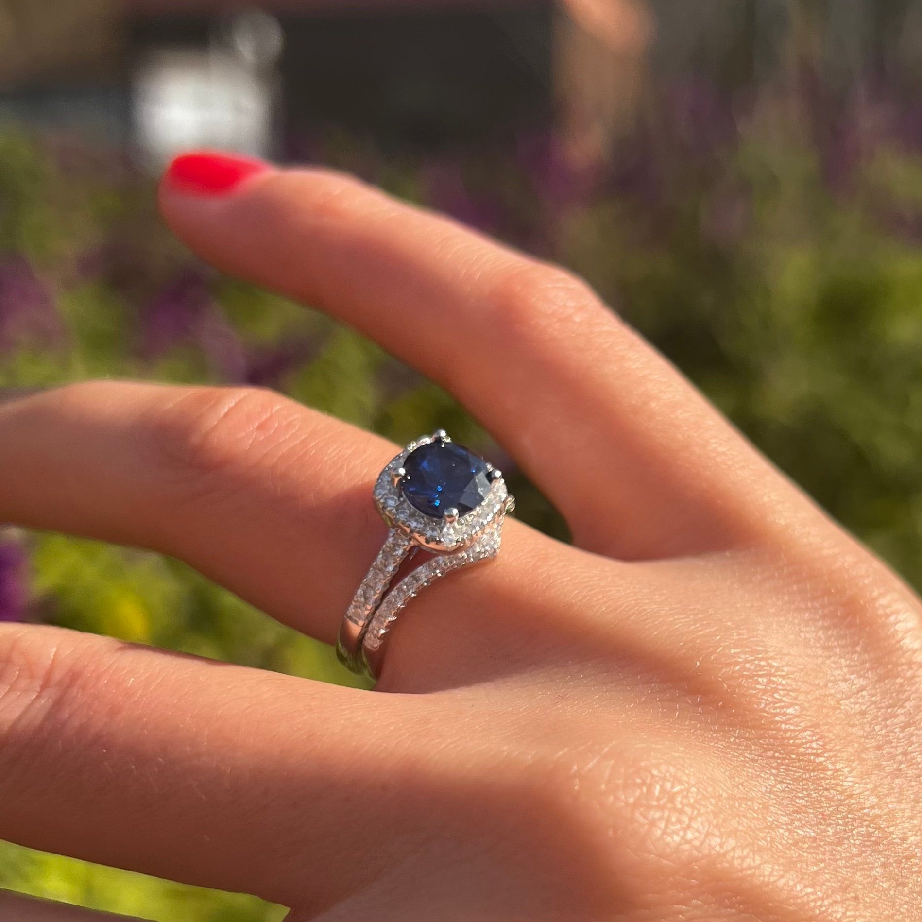 Royal Blue Cushion Cut Halo Bridal Set With V-Shape Band