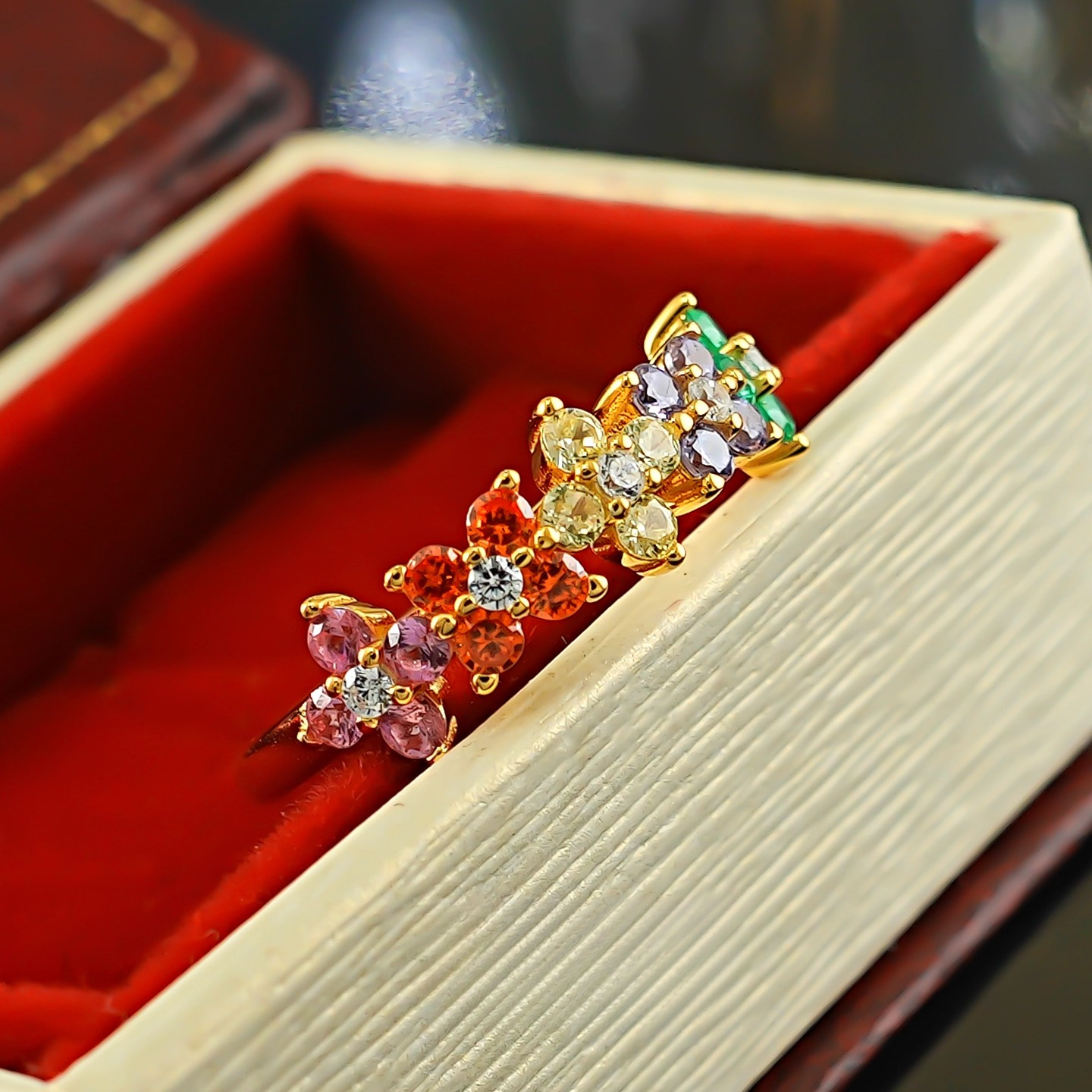 Colorful Golden Tone Flower Design Ring in Sterling Silver