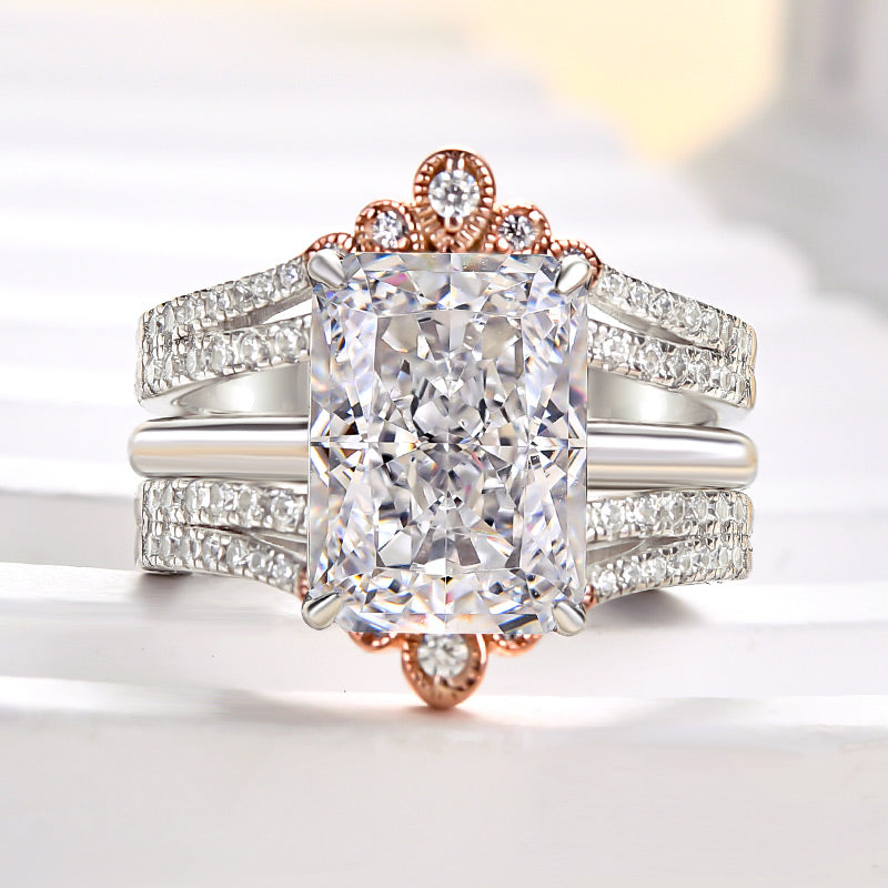 2PCS Crown Design Radiant Cut Enhancer Wedding Ring Set