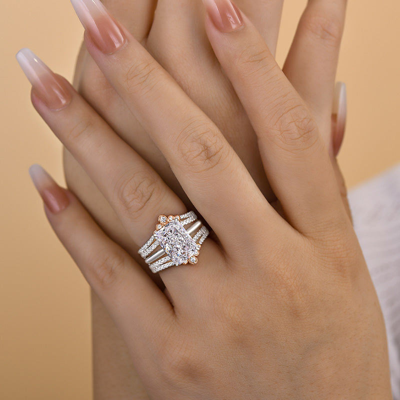 2PCS Crown Design Radiant Cut Enhancer Wedding Ring Set