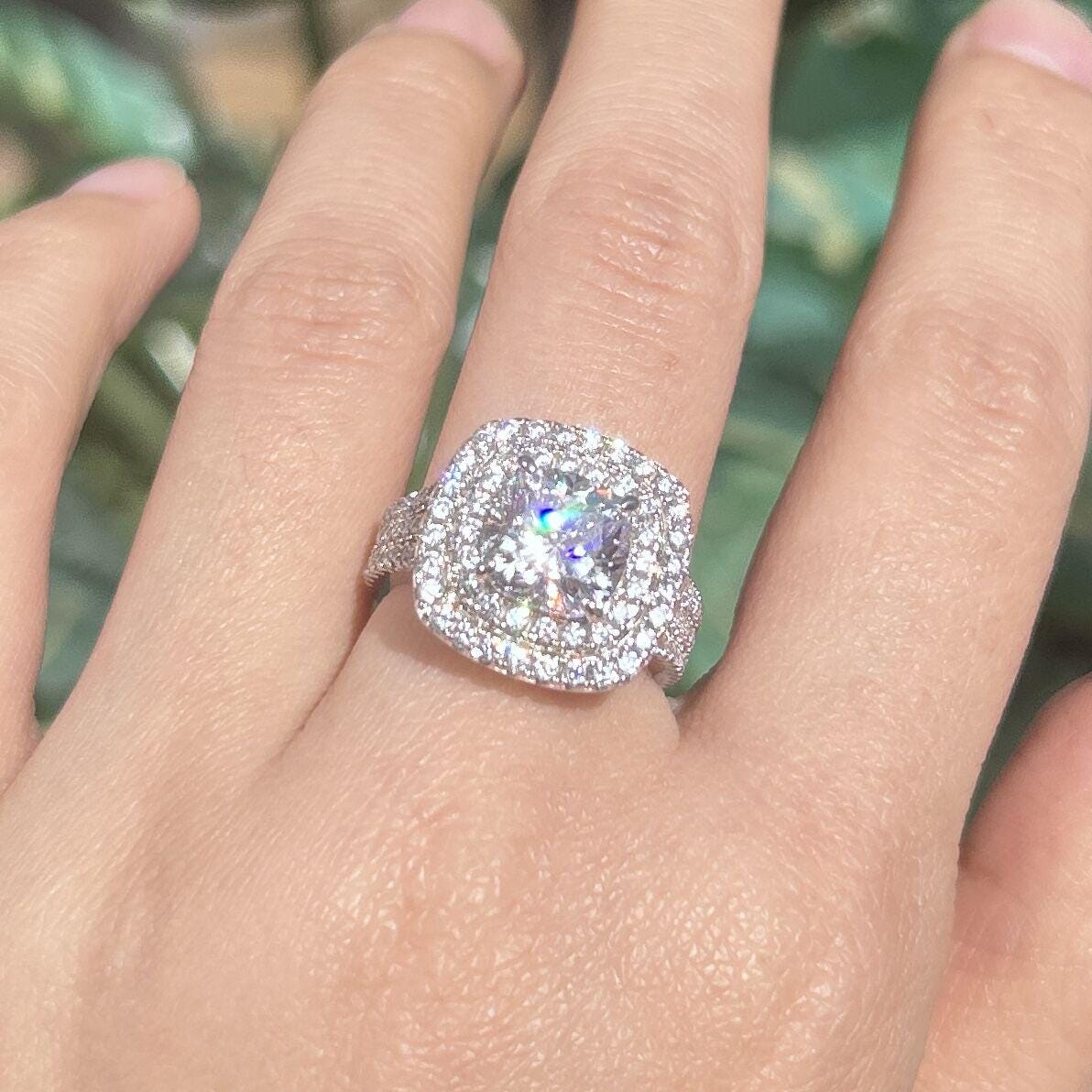 Stunning Double Halo Three Shank Cushion Cut Sterling Silver Engagement Ring