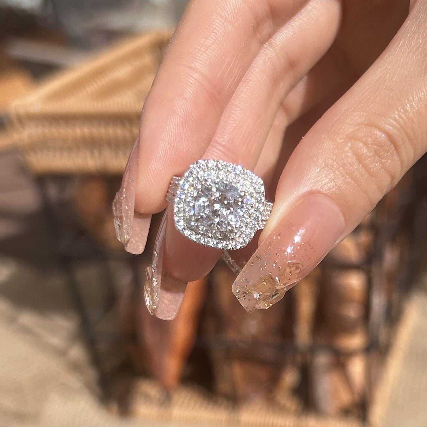 Stunning Double Halo Three Shank Cushion Cut Sterling Silver Engagement Ring