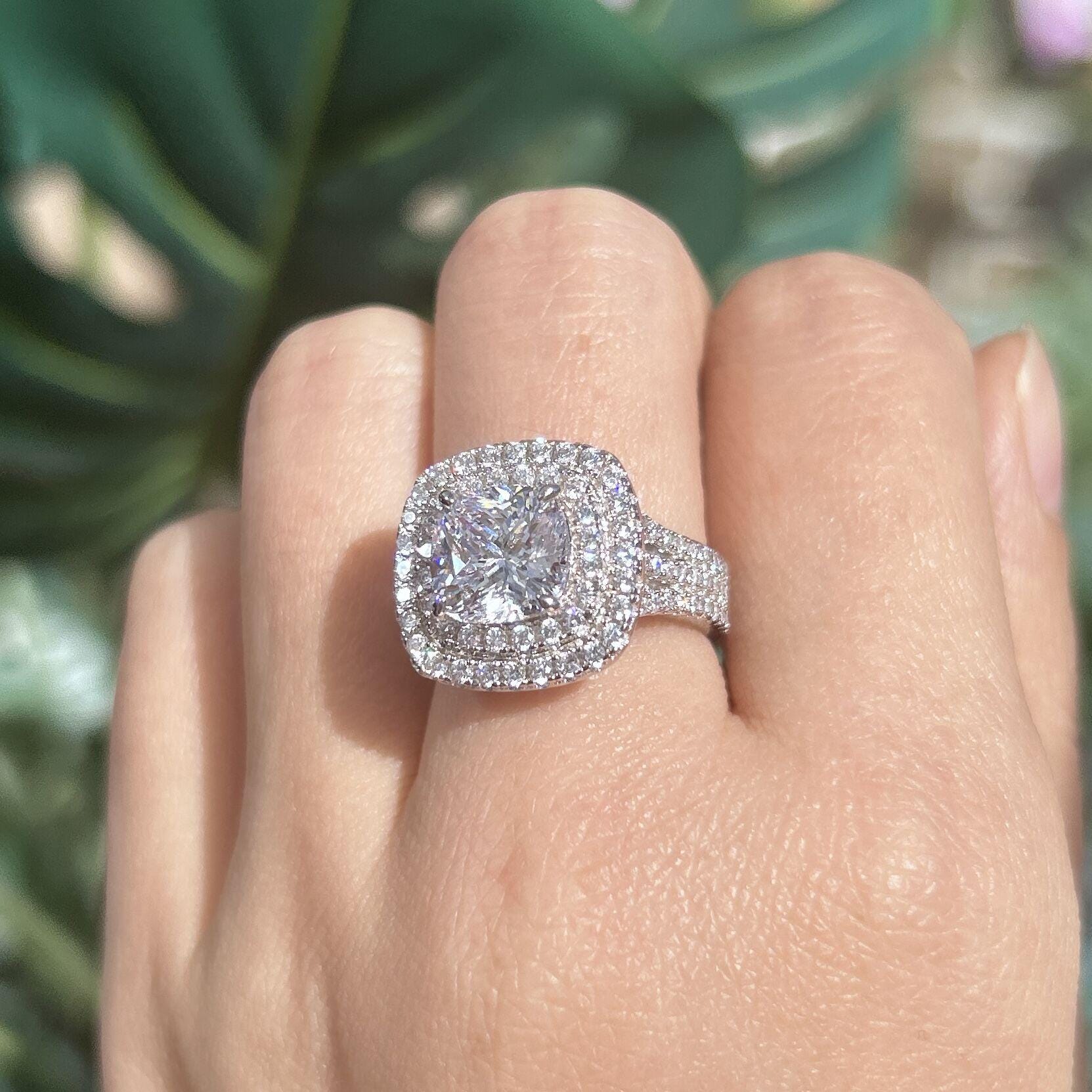 Stunning Double Halo Three Shank Cushion Cut Sterling Silver Engagement Ring