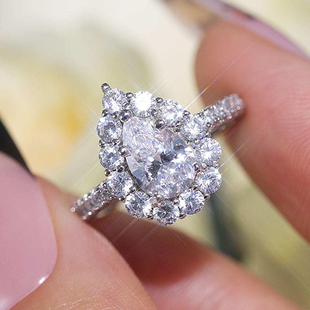 Stunning Pear Cut Halo Design Sterling Silver Engagement Ring