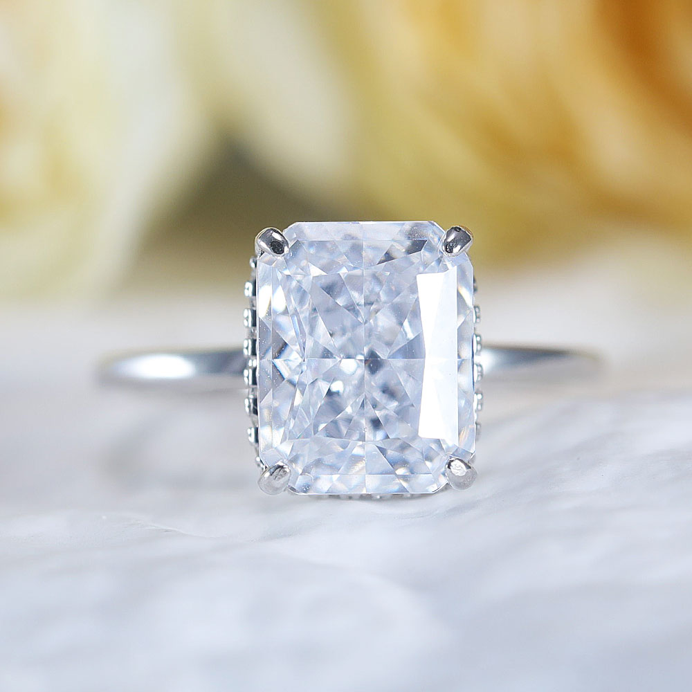 Stunning Hidden Halo Design Radiant Cut Sterling Silver Engagement Ring