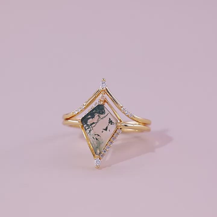 Geometric Natural Green Moss Agate Ring Set