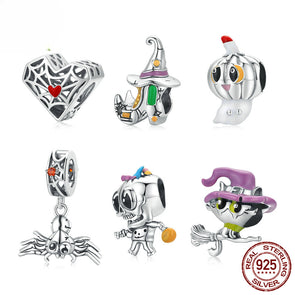 Halloween Spider Witch Pumpkin Sterling Silver DIY Charms