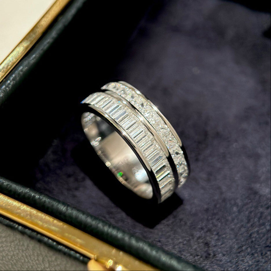 Double Row Band Baguette & Princess Cut Sterling Silver Ring