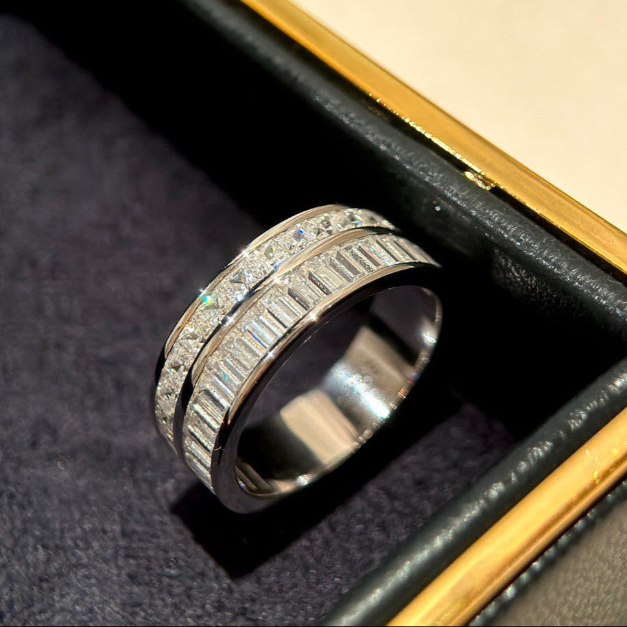 Double Row Band Baguette & Princess Cut Sterling Silver Ring