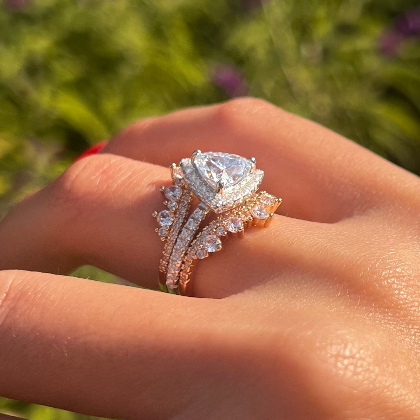 Two Tone Triangle Halo Sterling Silver Bridal Set With Insert Band