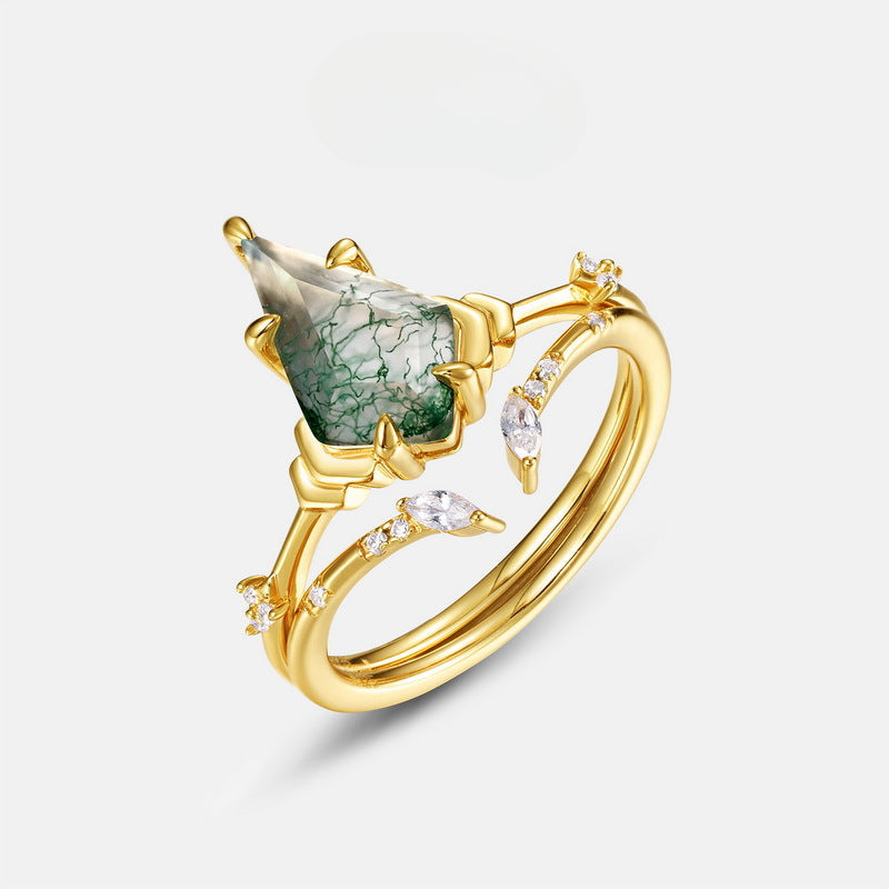 Natural Green Moss Sterling Silver Ring Set