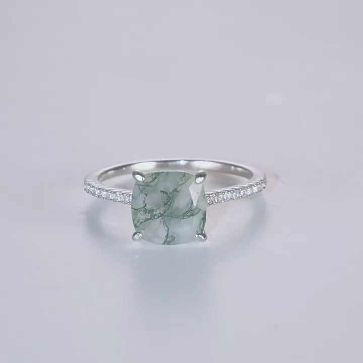 Cushion Shape Natural Green Moss Agate Ring
