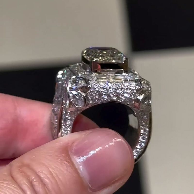 Luxury Halo Emerald Cut Handmade Men's Ring in Sterling Silver