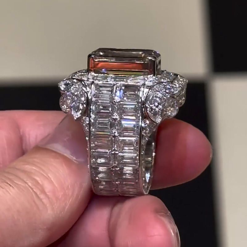 Luxury Halo Emerald Cut Handmade Men's Ring in Sterling Silver