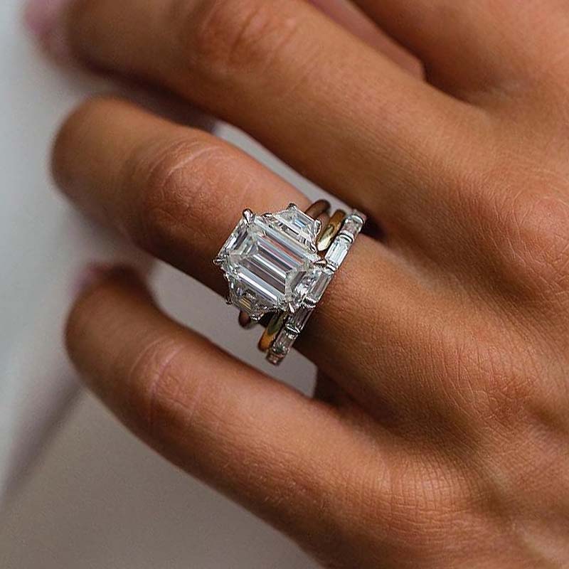 Emerald Cut Three Stone Engagement Ring & Wedding Band