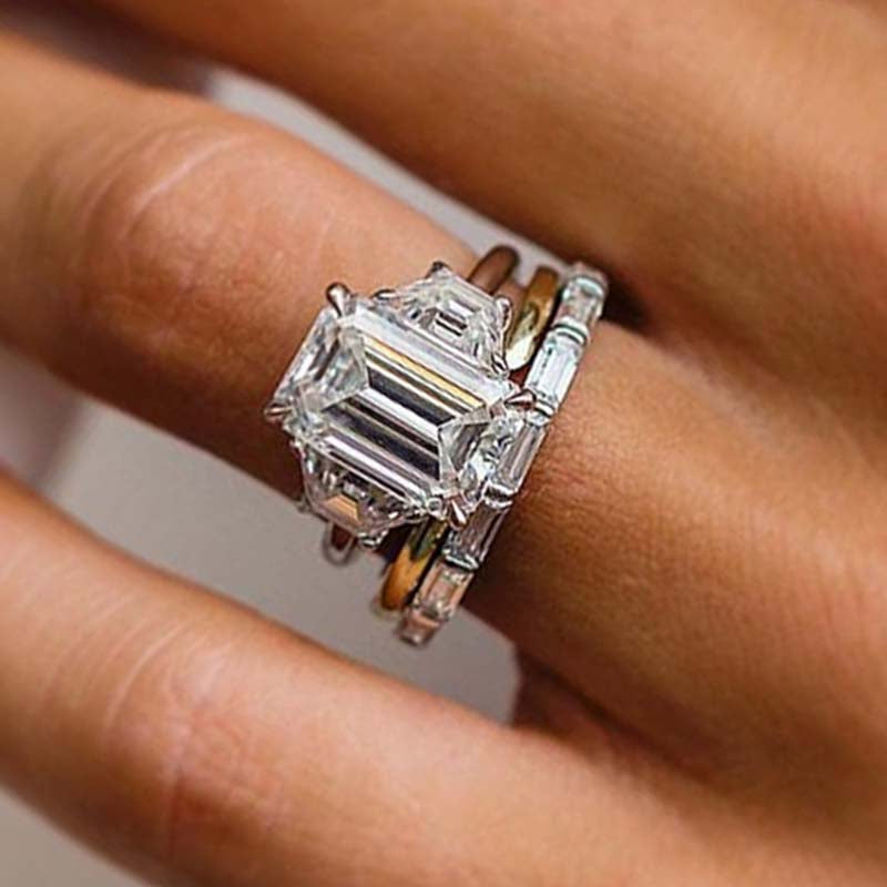 Emerald Cut Three Stone Engagement Ring & Wedding Band